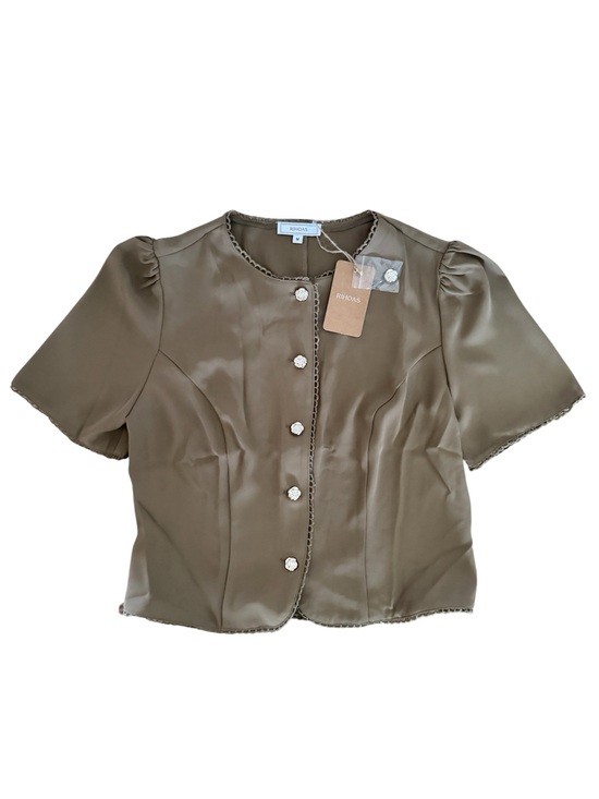 RIHOAS Tops - NWT RIHOAS Khaki Satin Puff Sleeve Crochet Trim Blouse Top Flower Buttons Size M